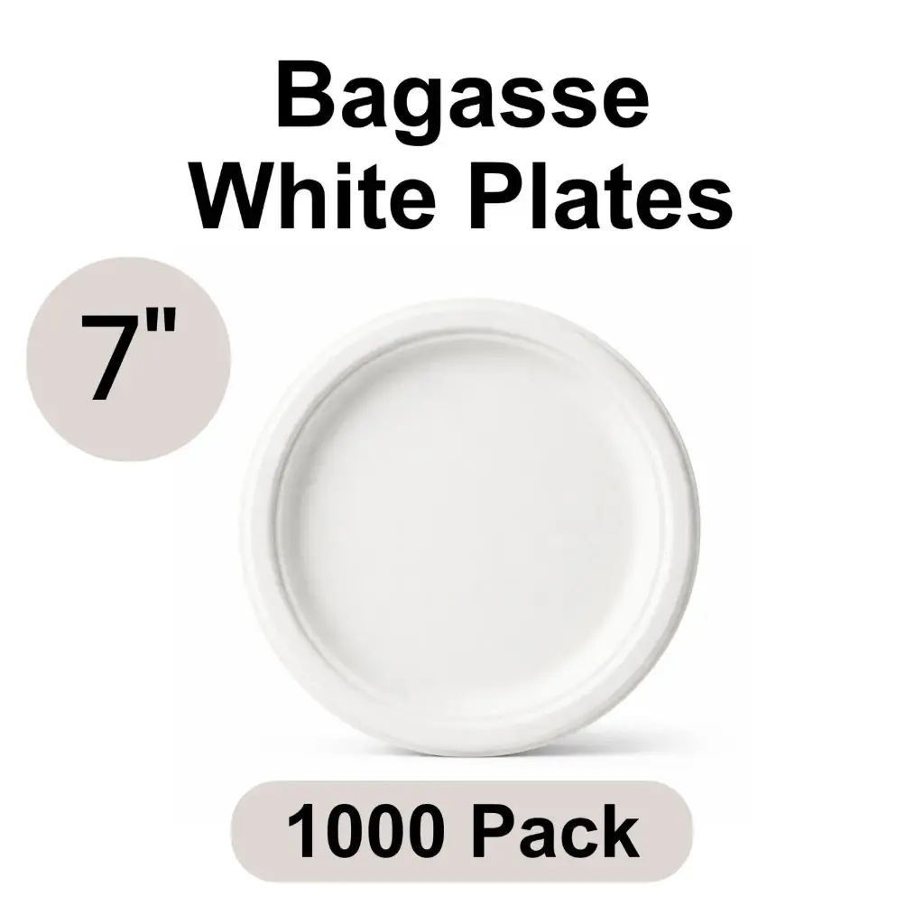 [BP-07-WH] 7" Plates White [1000 pack] Bagasse