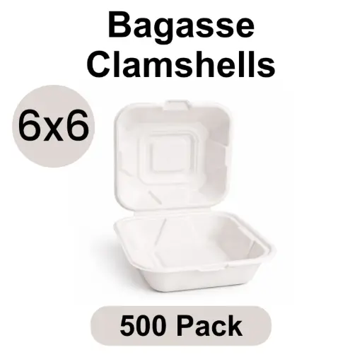 6"x6" Clamshell White [200 pack] Bagasse